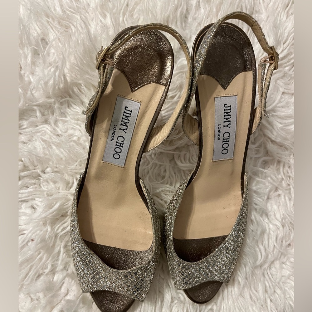 Jimmy Choo Nova Silver Metallic Gold Glitter Mesh Fabric Slingback Heels